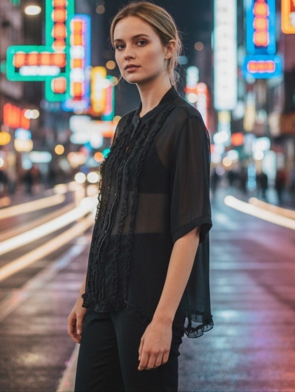 NORMA KAMALI Sheer Black Ruffle Trim Blouse Shirt Top XL